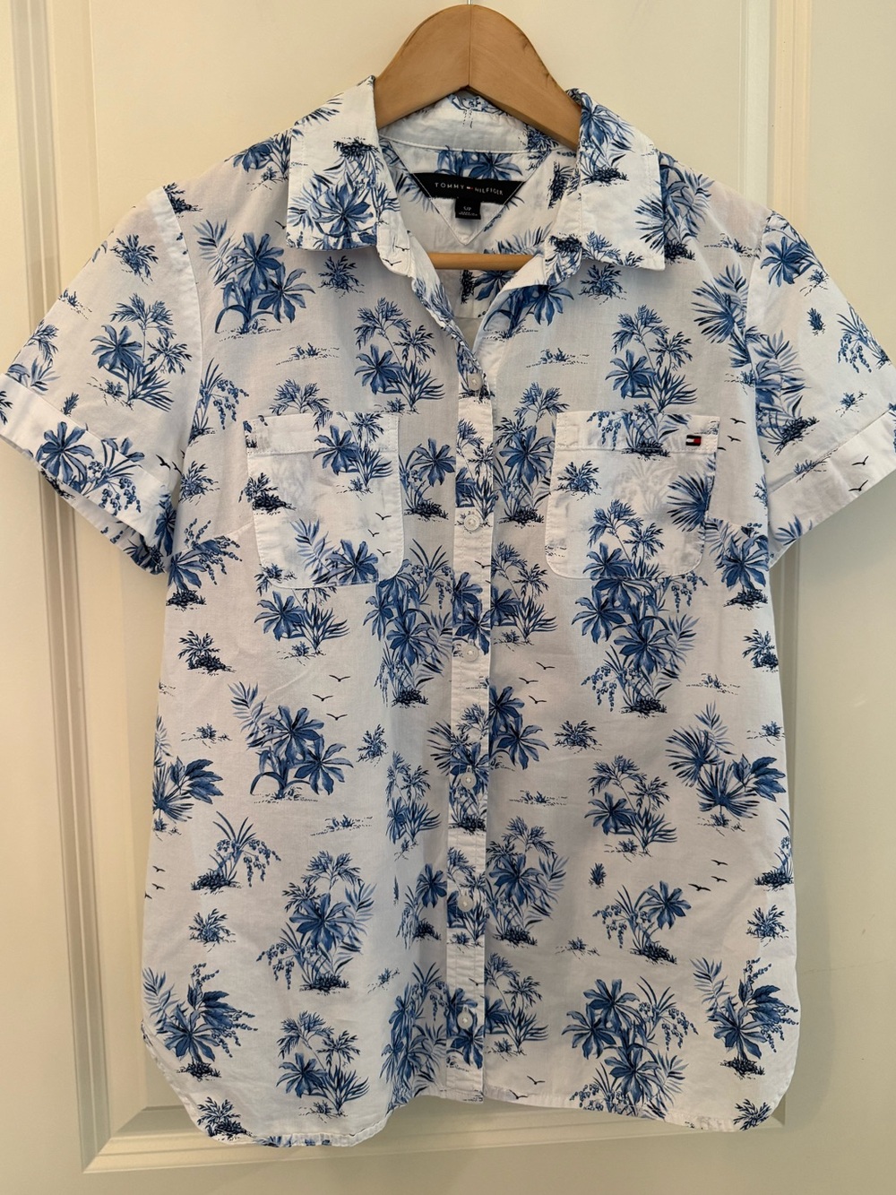 Tommy Hilfiger Blue White Tropical Palm Tree Button Down Shirt Sz SP 100% Cotton